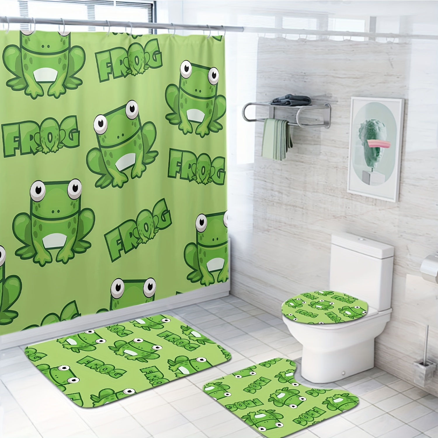 Funny Green Frog Pattern Shower Curtain Set Waterproof - Temu Canada