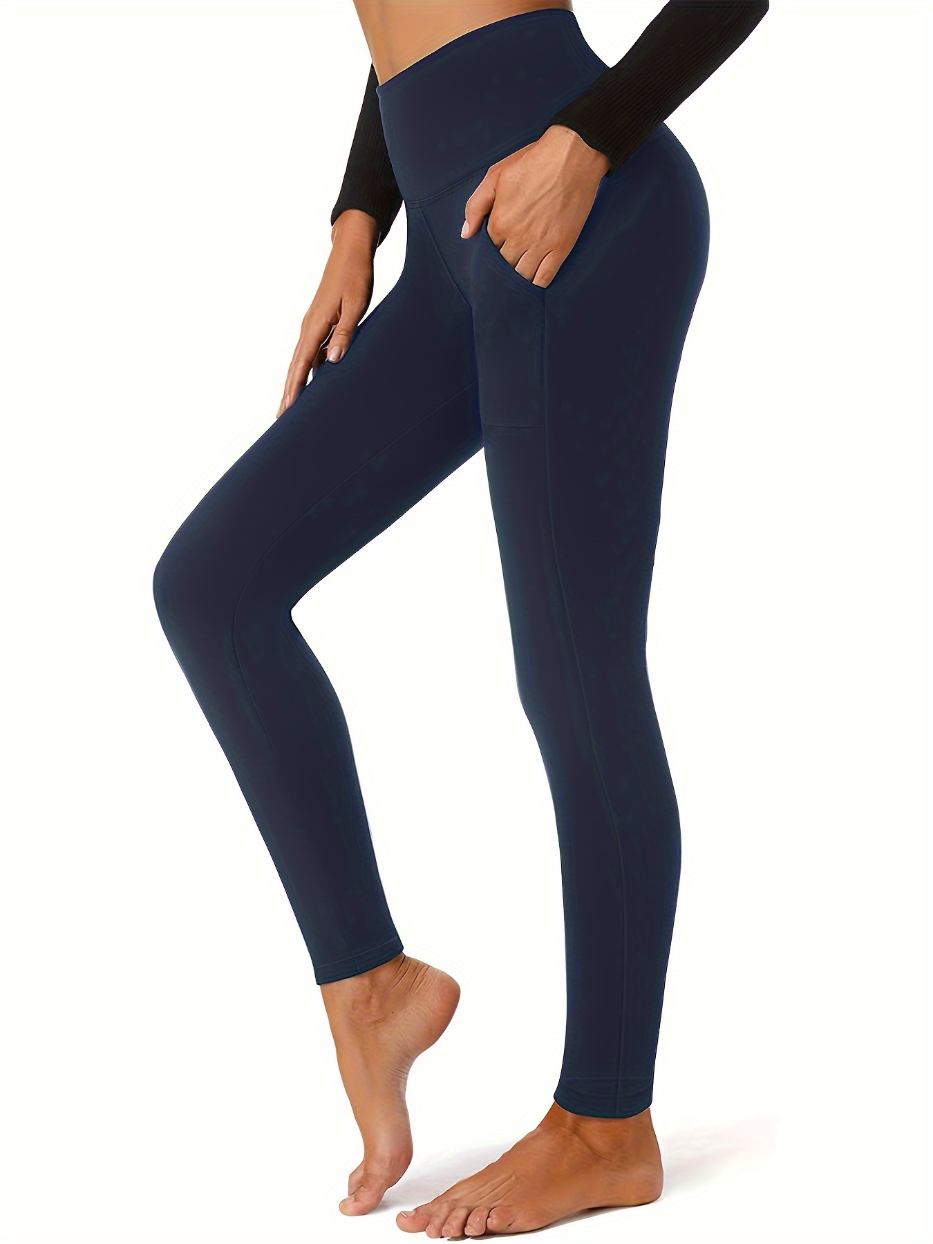 Solid Color Sports Leggings Pockets High Waisted Tummy - Temu Canada