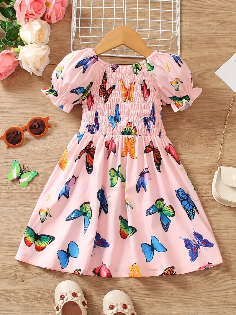toddler girls puff sleeve frill trim shirred colorful butterfly graphic princess dress for party beach vacation cute romantic kids summer clothes details 19