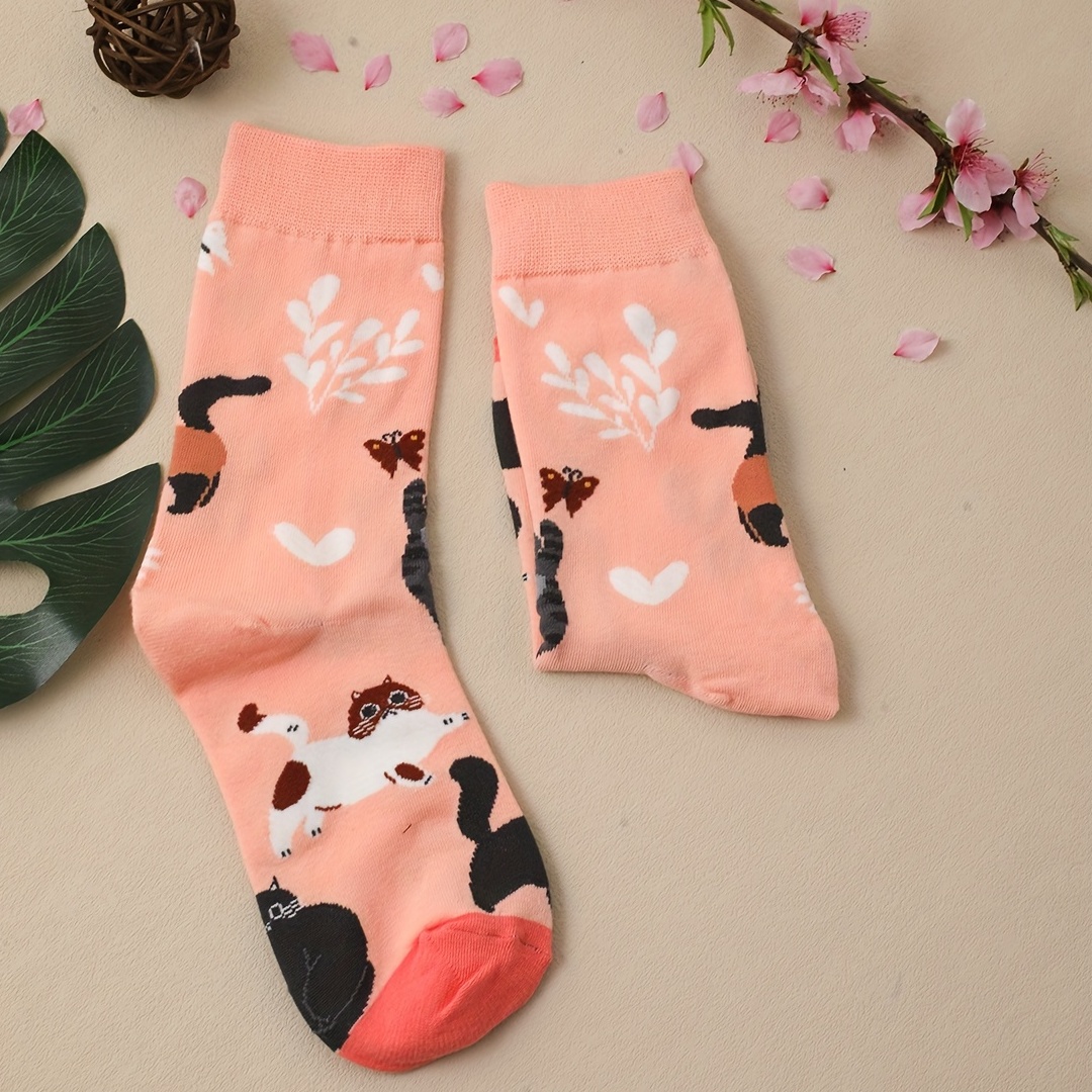 Cartoon Cat Print Socks Women's Mid Tube Stockings