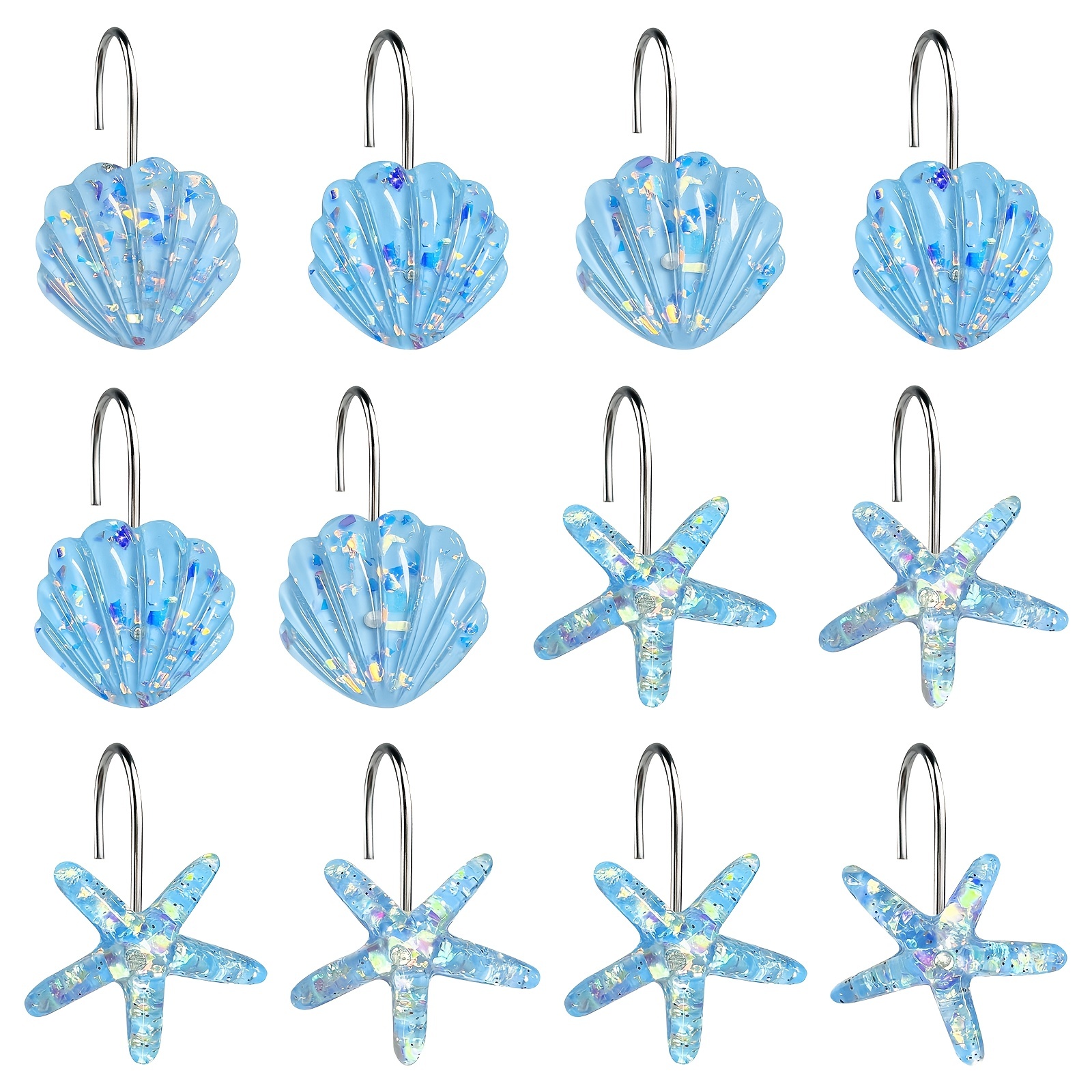 12 pcs Sparkling Starfish and Seashell Shower Curtain Hooks - Resistant to  Corrosion and Stains, Perfect for Ocean Themed Bathroom Decor, Blue and Whi