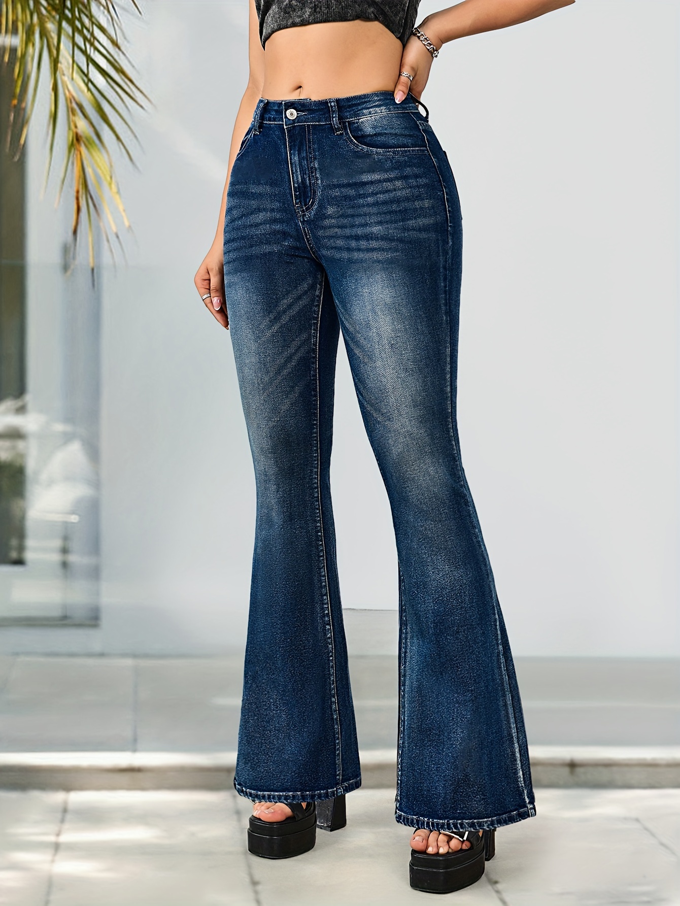 High Stretch Washed Flare Jeans Slant Pockets Fashion Bell - Temu Canada