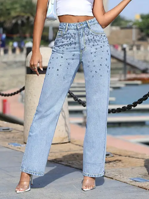 Blue Rhinestone Studded Straight Jeans Loose Fit Slant - Temu Germany