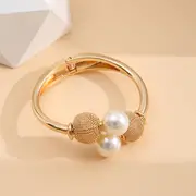 exaggerated alloy open bangle bracelet with large faux pearls temperament hand jewelry for women girls details 2
