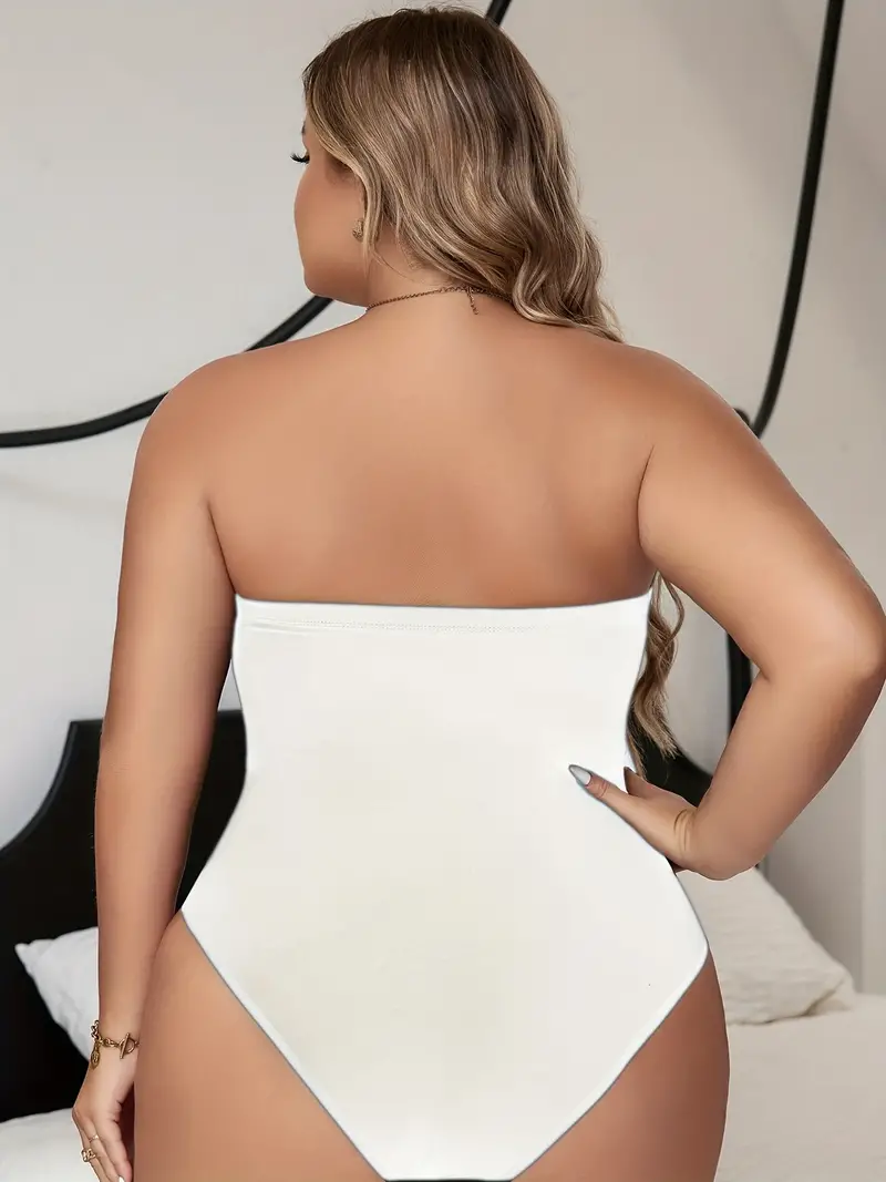 Plus Size Coachella Sexy Shapewear, Women's Plus Solid Seamless Tummy  Control Strapless Jumpsuit Body Shaper
