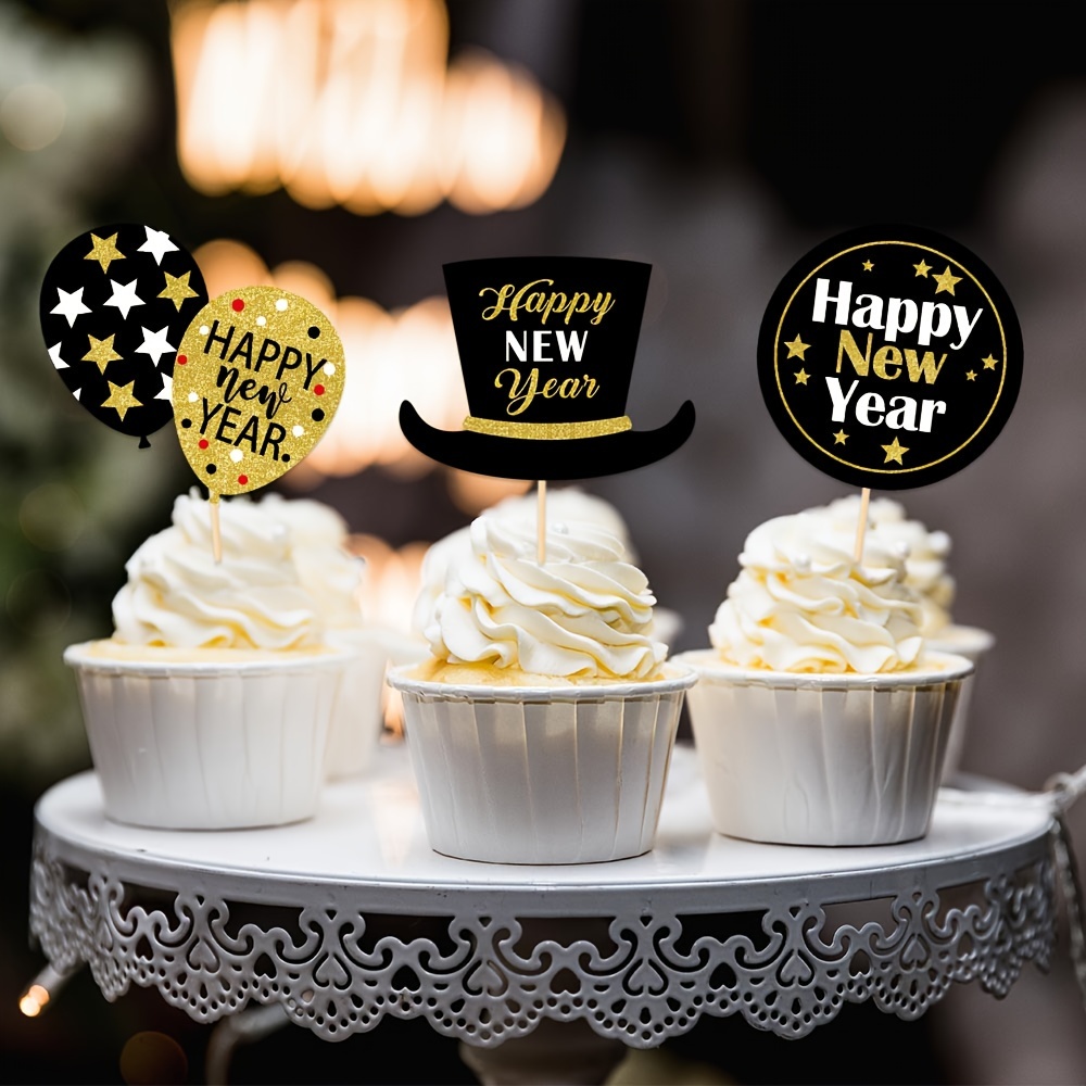 Set 2024 Black And Golden Cupcake Topper Bonjour 2024 Kiss Temu France