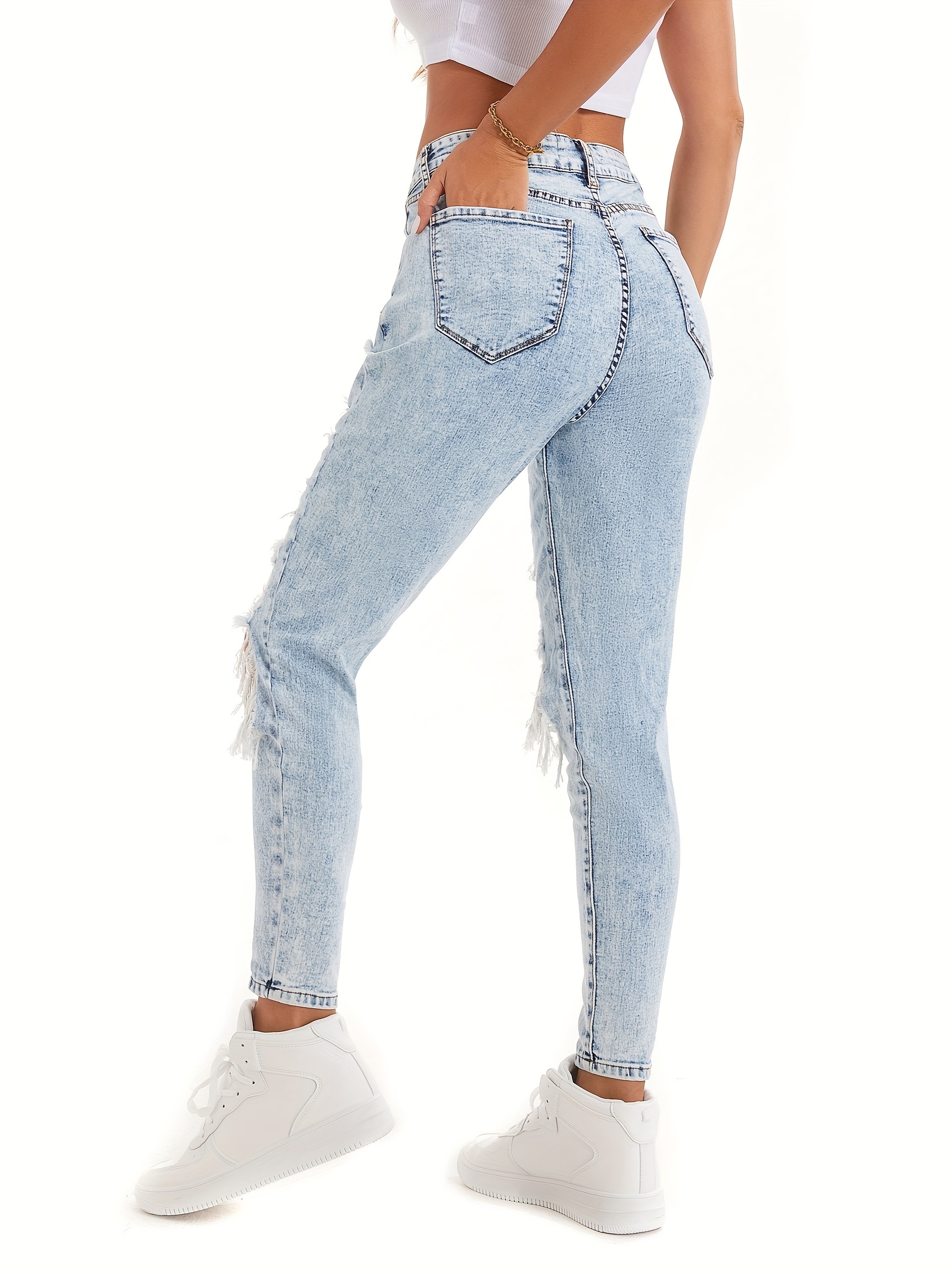 Ripped Holes Washed Skinny Jeans, Slim Fit High Stretch Distressed