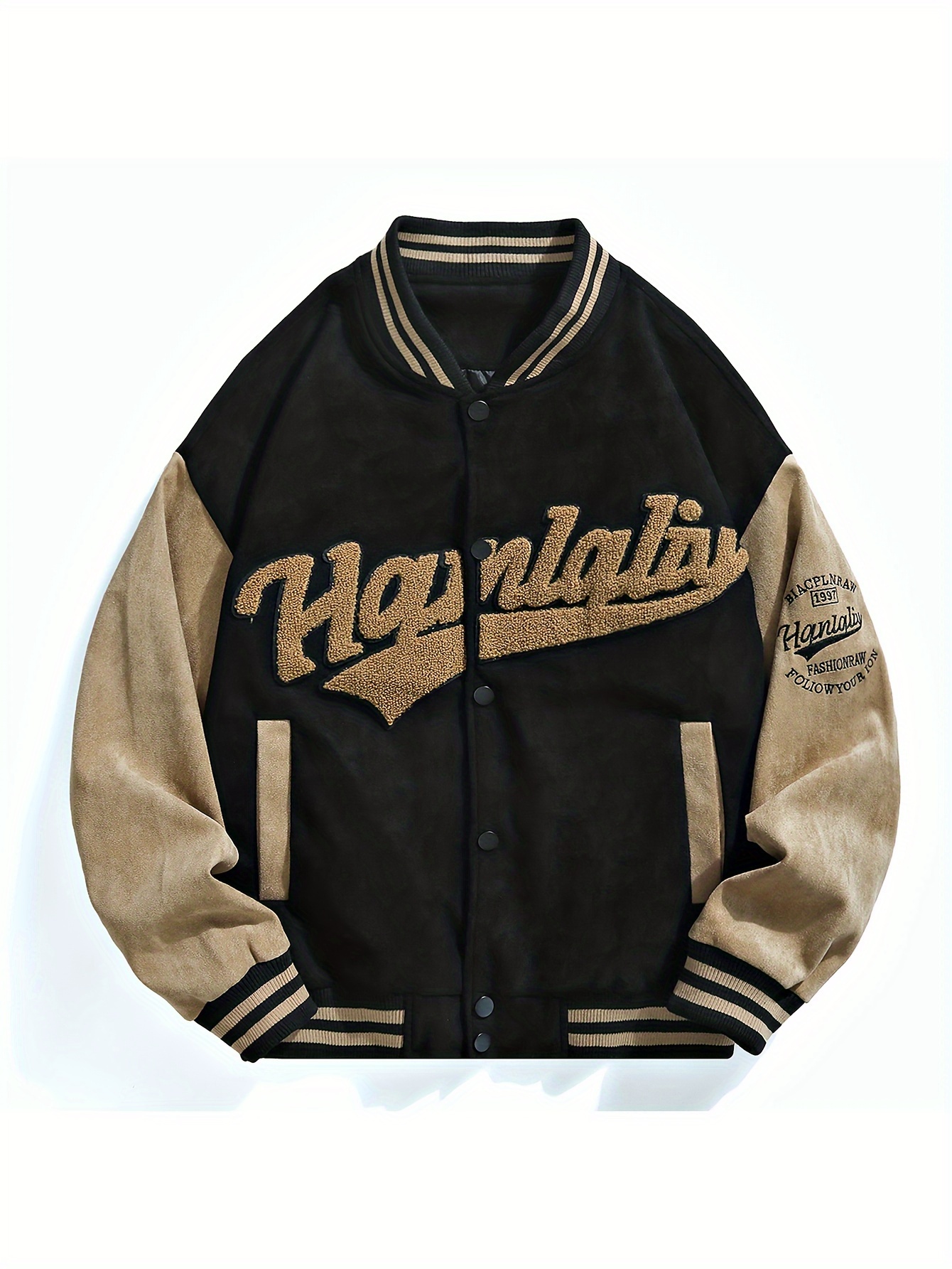 Men's Casual Letter Embroidery Varsity Jacket, Chic Street Style Baseball  Collar Color Block Jacket