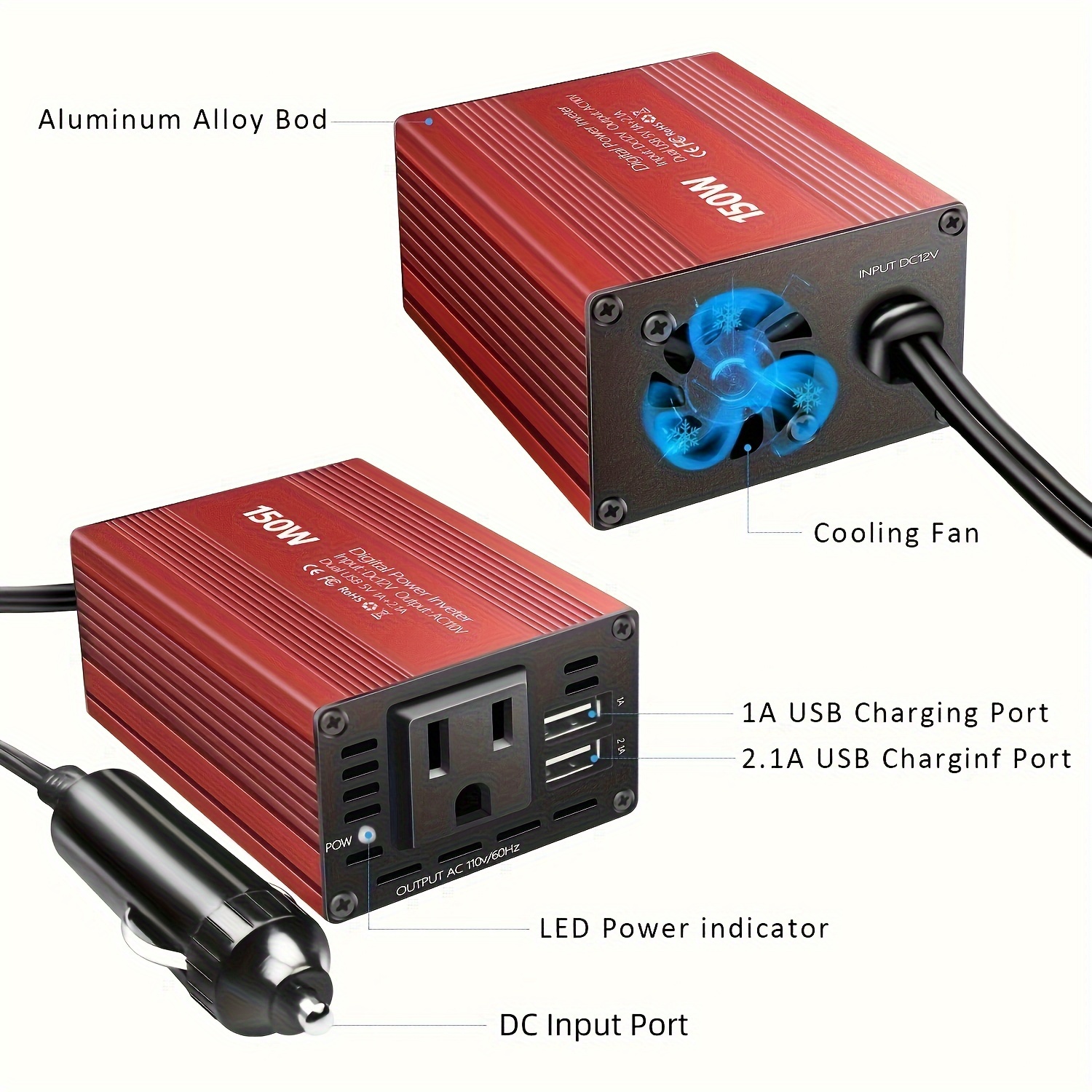 Auto-Wechselrichter, 150 W, Gleichstrom 12 V auf 110 V Wechselstrom,  Auto-Konverter mit 3,1 A Dual-USB-Auto-Adapter, rot