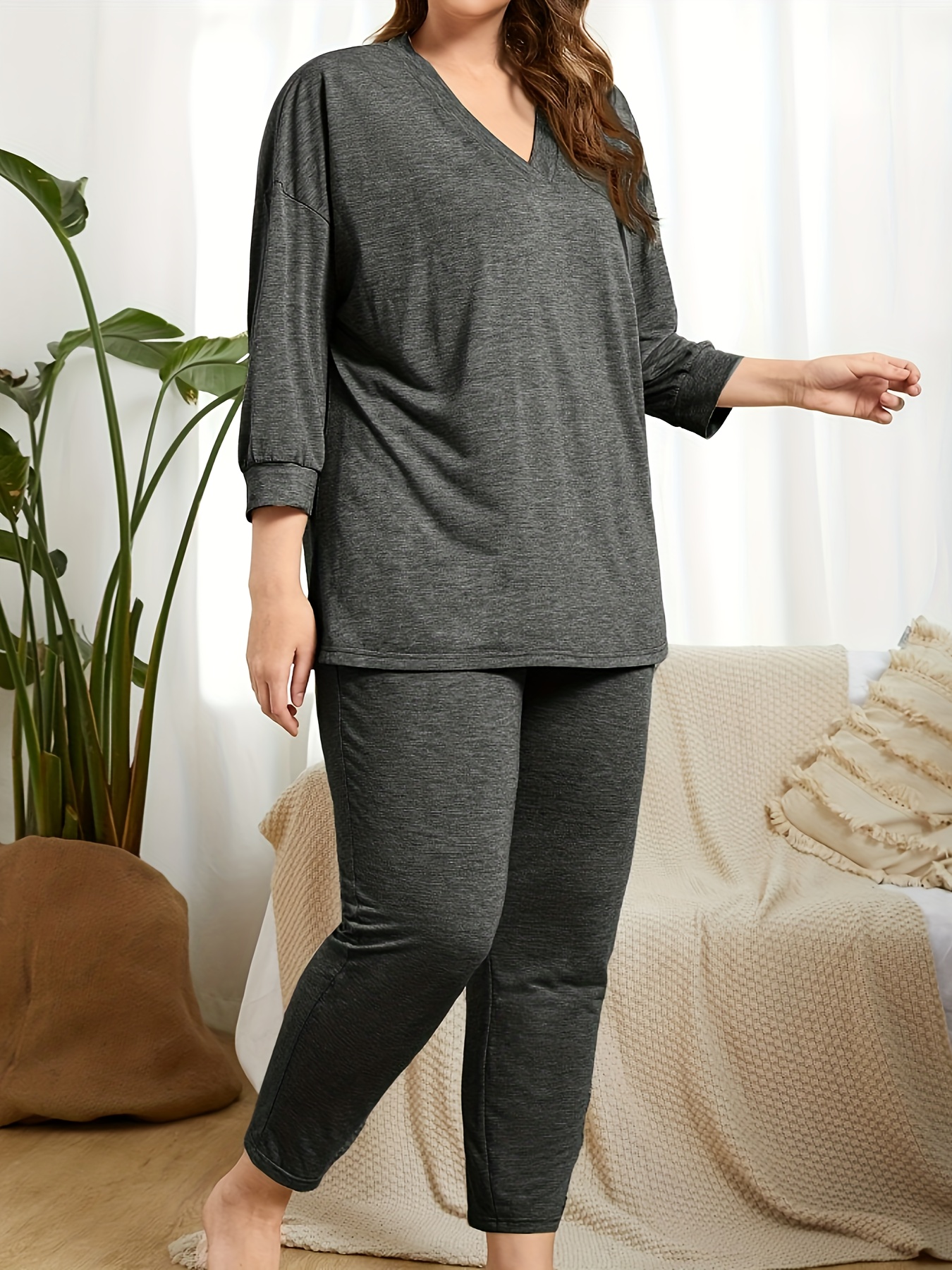 Plus Size Casual Lounge Set Women's Plus Solid Long Sleeve V - Temu Canada