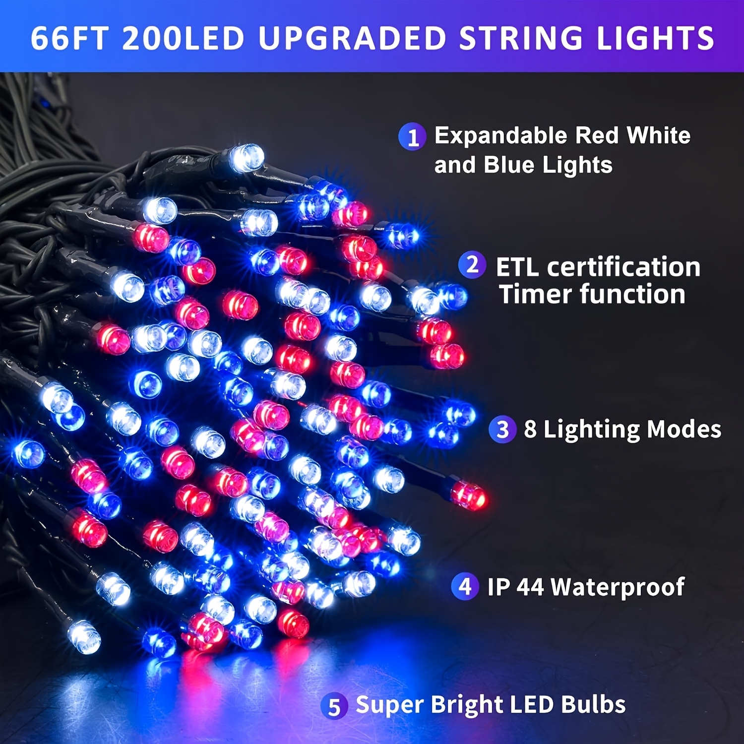 Solar LED Rope Lights, Bright White & Red/White/Blue Solar Rope Lights