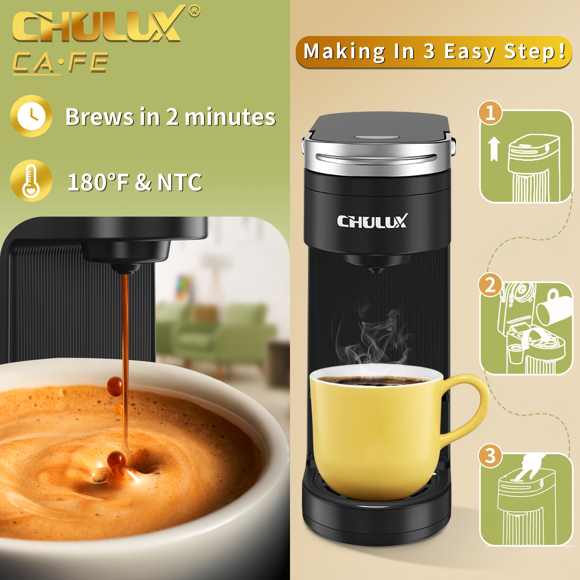  CHULUX Single Serve Coffee Maker, One Cup Coffee Brewer for K  Cup & Ground Coffee, 5 to 12oz Brew Sizes in Mins, Auto Off Function,  Portable Coffee Machine for Home, Office