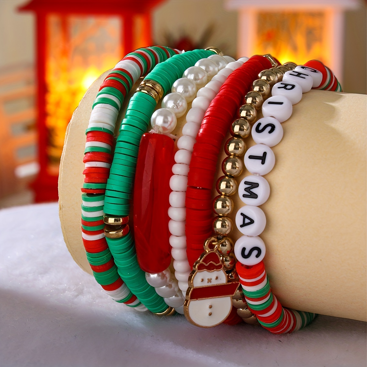 Snowman Red & White Beaded Memory Wire Bracelet & Matching Earrings Gift Set