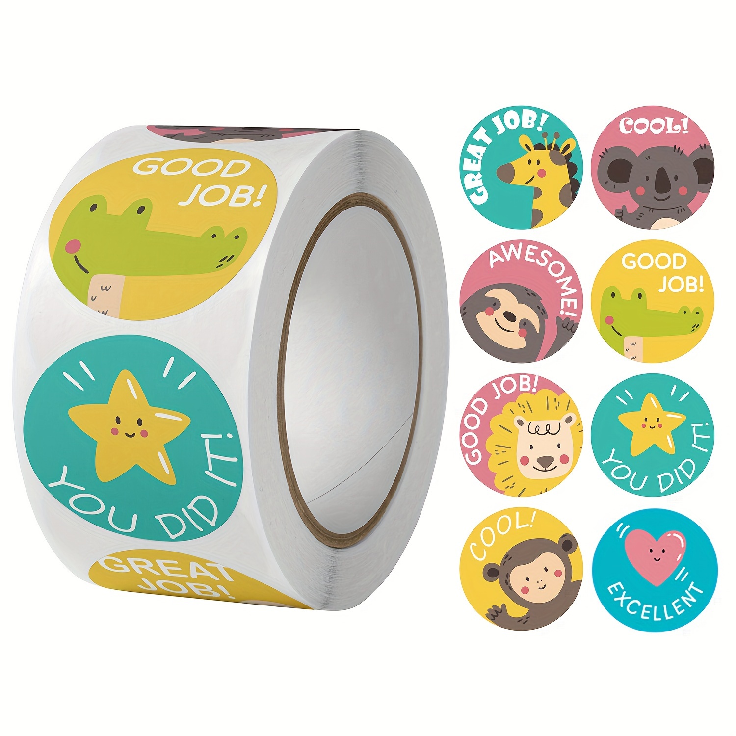 1roll Good Job Stickers 500pcs Set 1 Inch Cartoon Animal Rainbow Star  Reward Tape for Office
