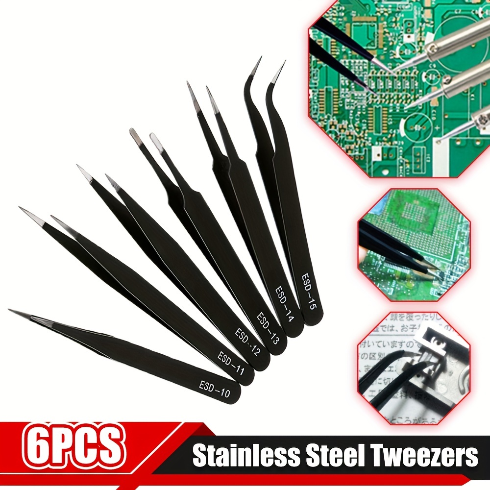 

6pcs Precision Long Tweezers Set Esd Anti-static Stainless Steel Tweezers Repair Tools For Electronics Repair Soldering Craft