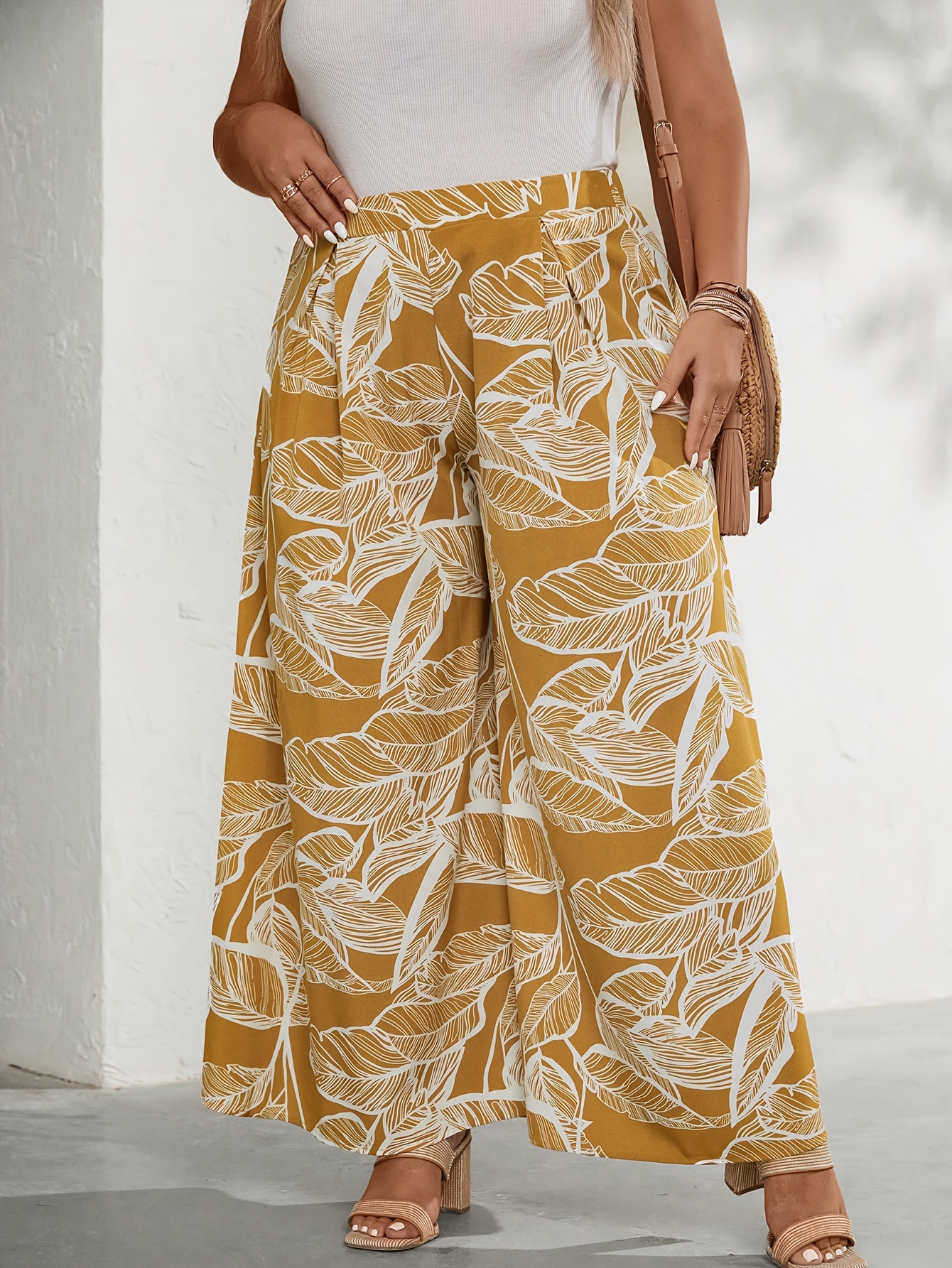 Plus Size Boho Pants Women's Plus Tropical Print Wide Leg - Temu