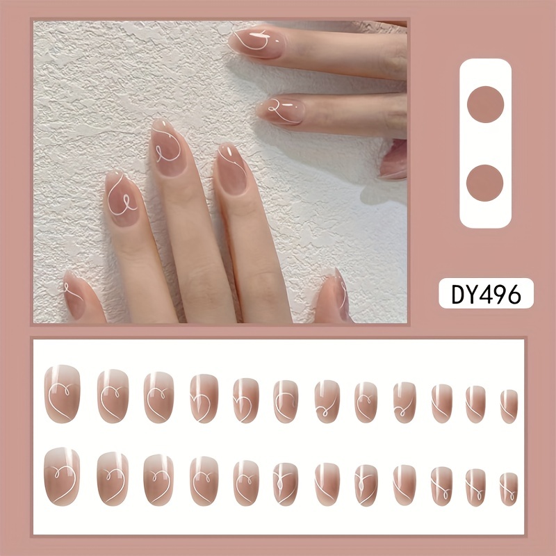 24pcs reusable press on nails short oval with nude pink and white swirl design full coverage for weddings and special occasions easy to apply and remove 24pcs