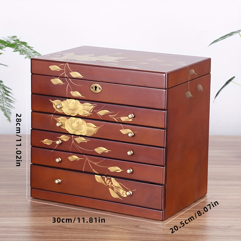 Portagioie Vintage In Legno A 3 Cassetti – Organizer Per Collane, Orecchini E Bracciali Con Coperchio Antipolvere, Misura 23,5x13,5x10,5 Cm