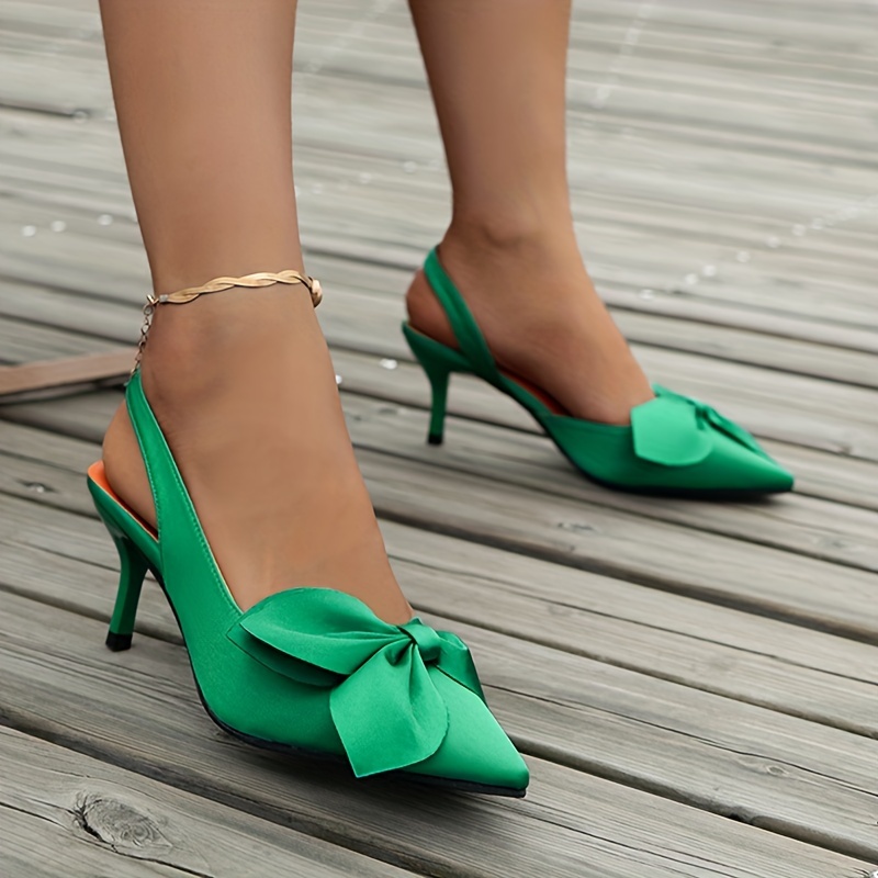 Women's Bow Toe Stiletto Sandals with Dark Green Ankle Strap and Lightweight Design