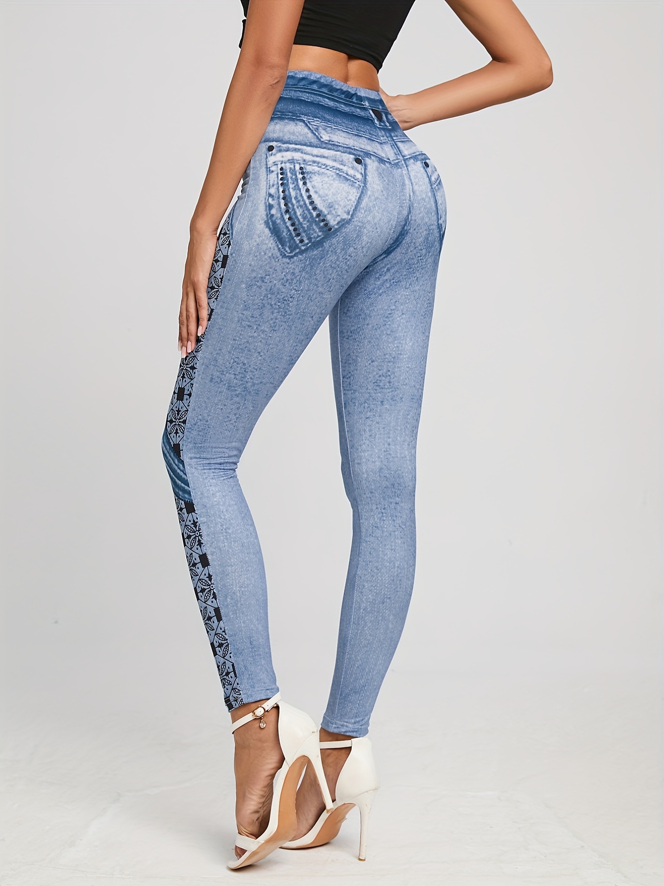 RQYYD Women's Imitation Jeans Leggings High Waist Stretchy