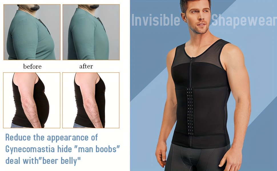 Men Slimming Body Shaper Belly Chest Moob Compression Vest Shirt Zipper  Tank Top 