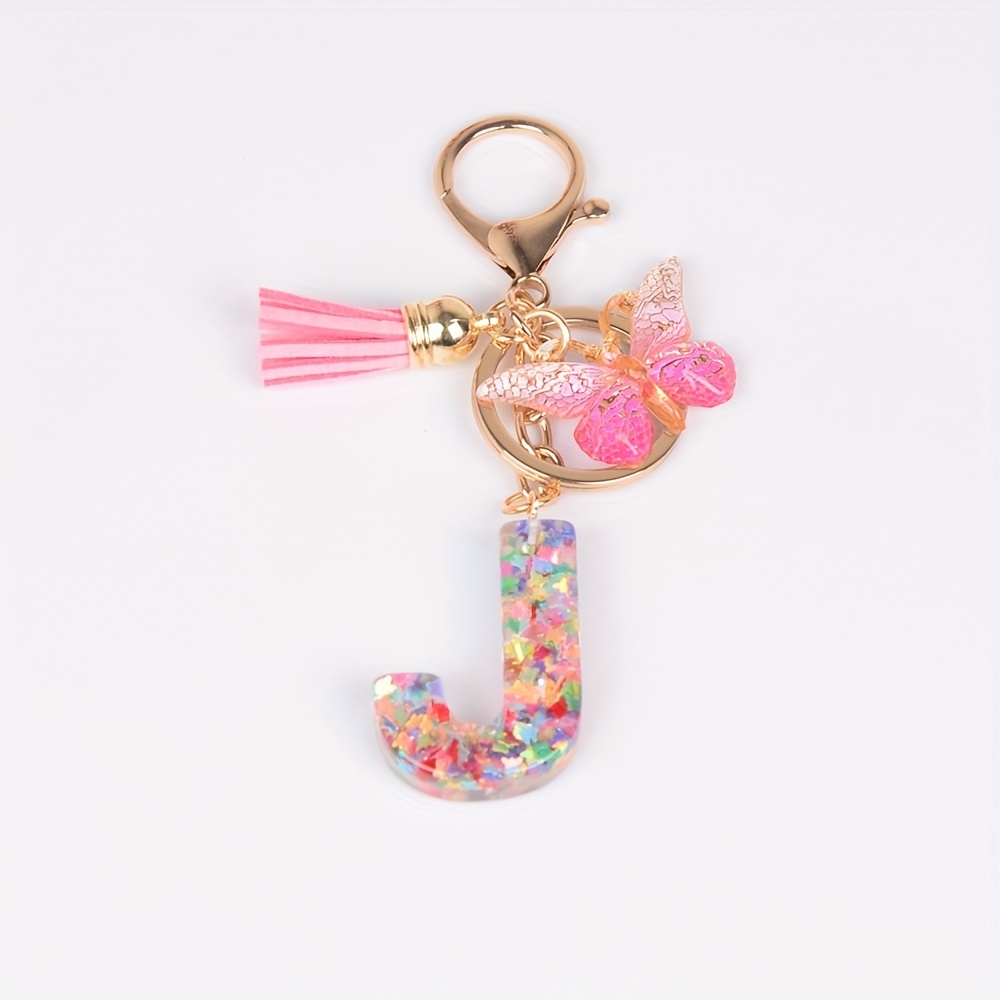 Resin Initial Letter Keychain Butterfly Pendant Cute Glitter - Temu