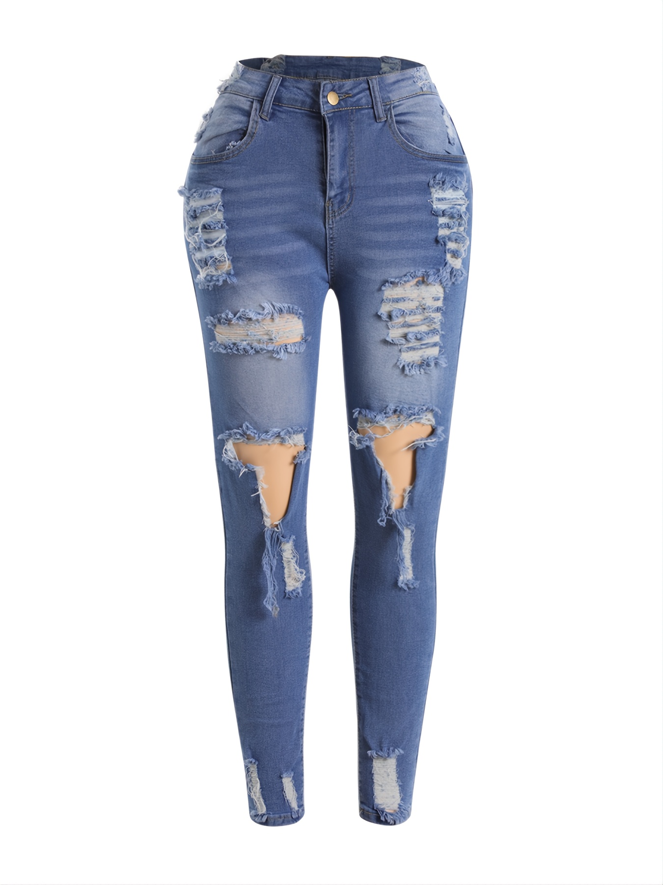 Jeans ajustados ajustados y elásticos rasgados de tiro alto, pantalones de  mezclilla con botón de cremallera en relieve con ondulación de agua de cint