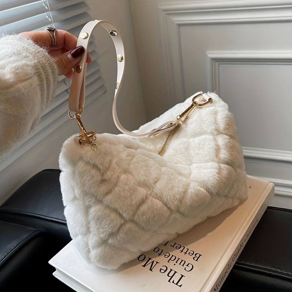 Minimalist Fluffy Hobo Bag,Y2k Baguette Bags,vacation travel purse for  girls