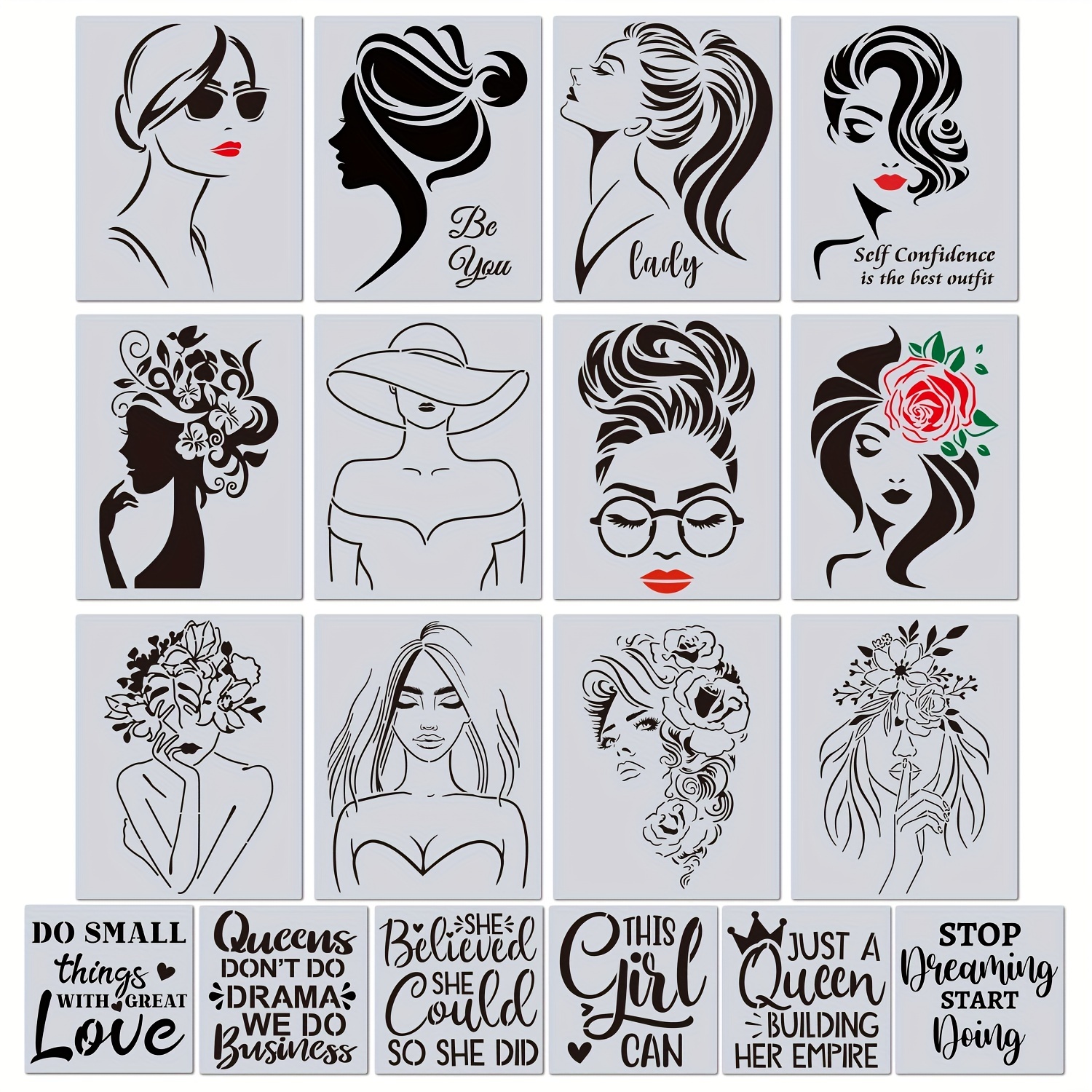 

18pcs Women Painting Stencils Face Painting Stencils On Canvas Art Stencils Paper Transfers Inspirational Quote Reusable Craft Templates Painting On Wood Paper Home Tile Wall Paint Stencils