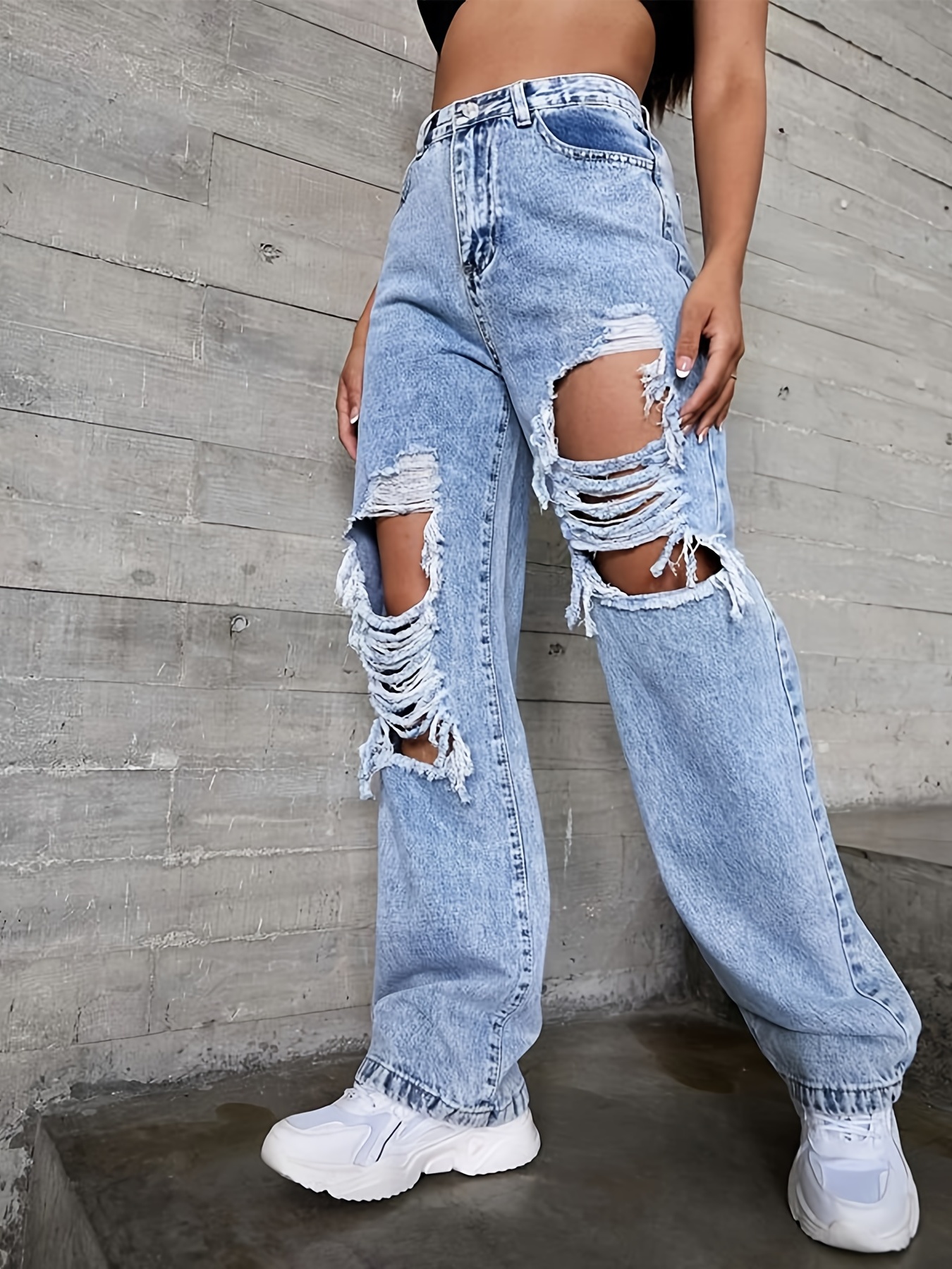 High Rise Ripped Legs Straight Boyfriend Jeans Loose Fit High