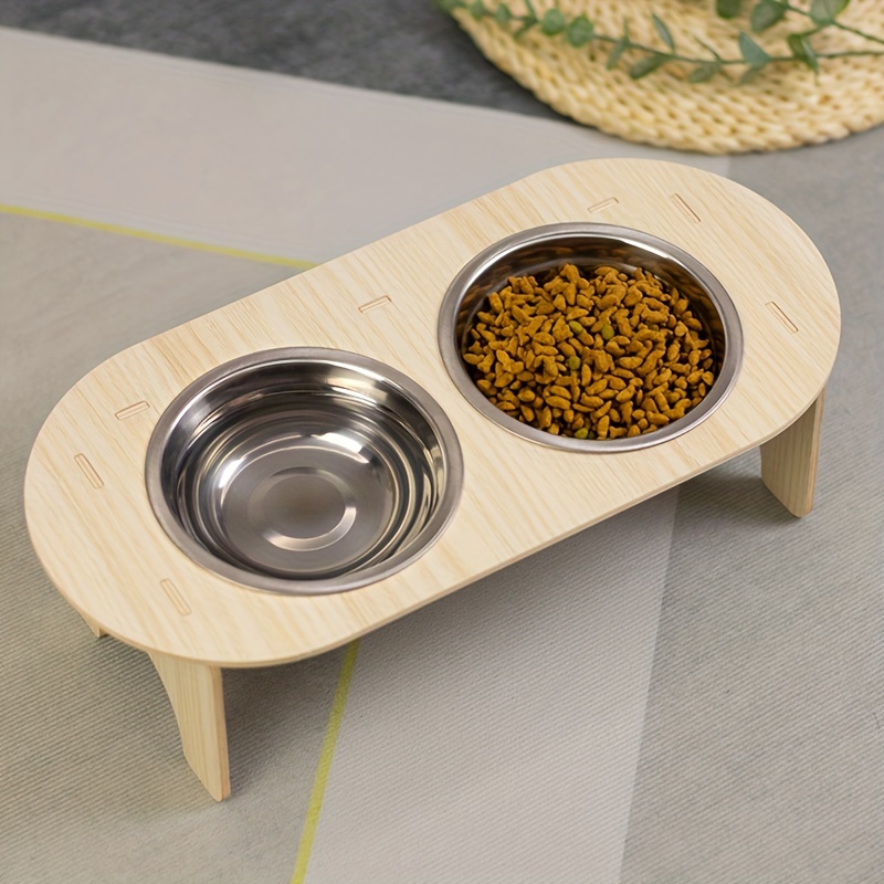 Raised Cat Bowls With Wooden Feeder Stand, Elevated 2 Stainless Steel Cat  Food Bowl Water Basin For Indoor Cats