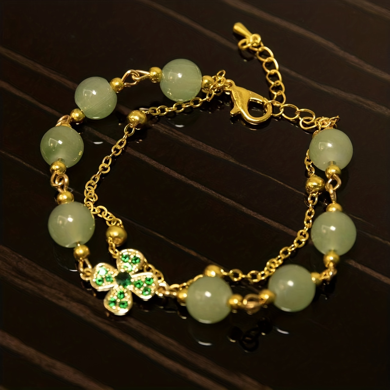 Gold Clover Bracelet with Green Bead