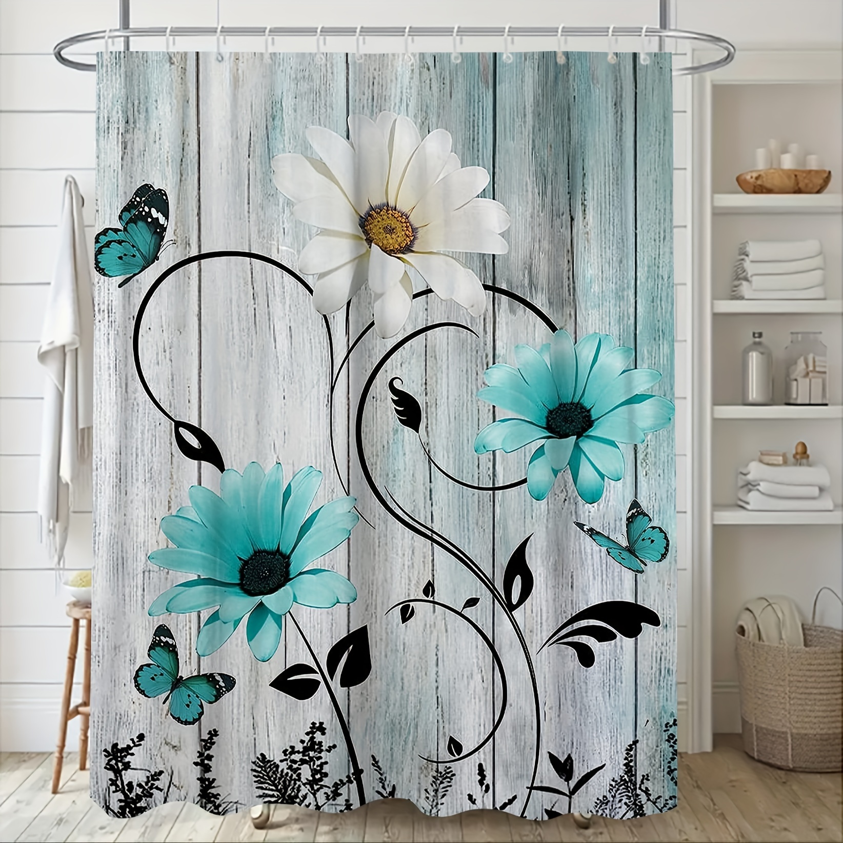 Shower Curtain Set Teal Flower Print Bathroom Rug U shape - Temu Canada