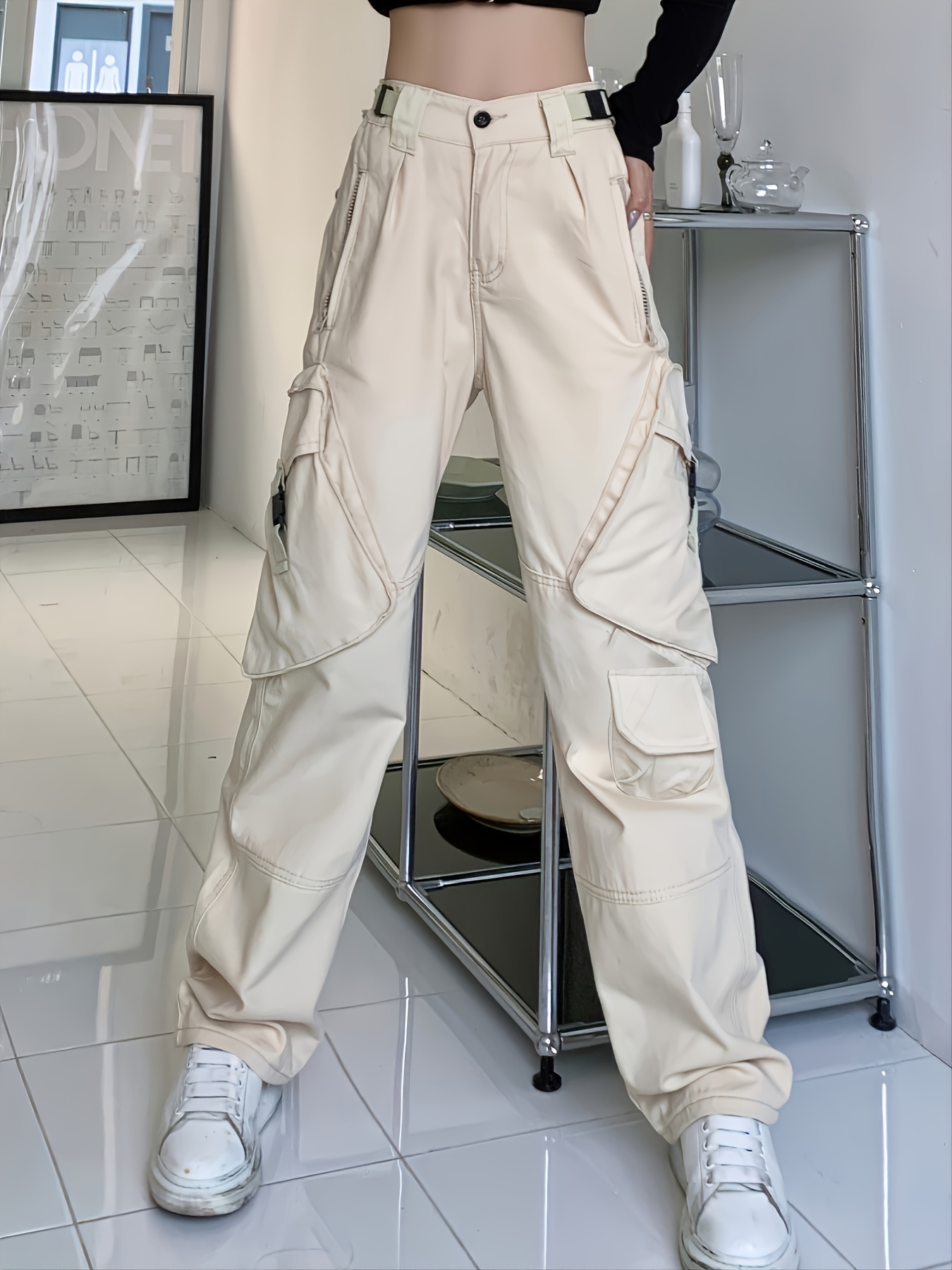 High Waist Vanilla Color Cargo Pants Huge Slant - Temu