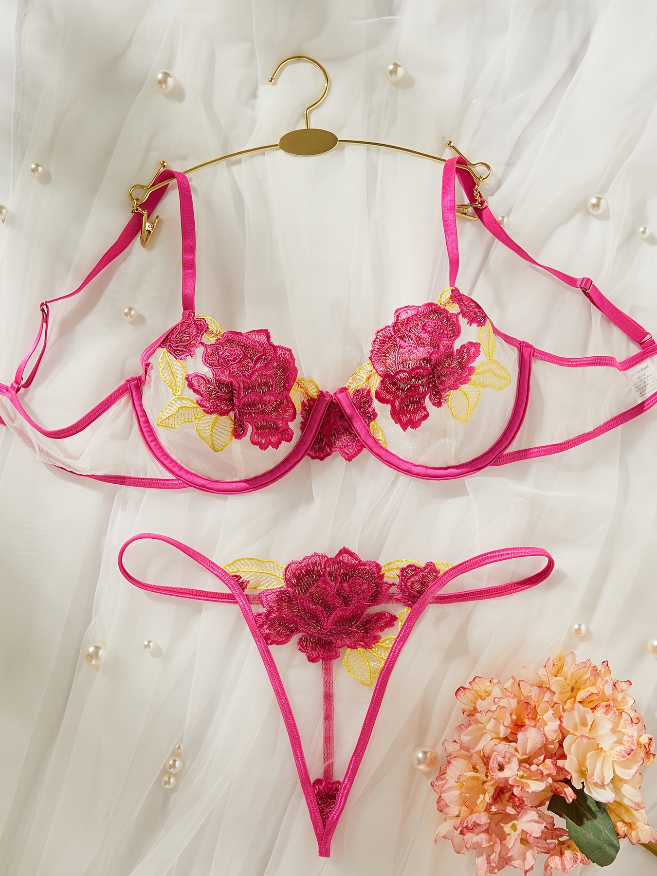 Floral Lace Lingerie Set, Sheer Unlined Bra & Mesh Thong, Women's Sexy  Lingerie & Underwear