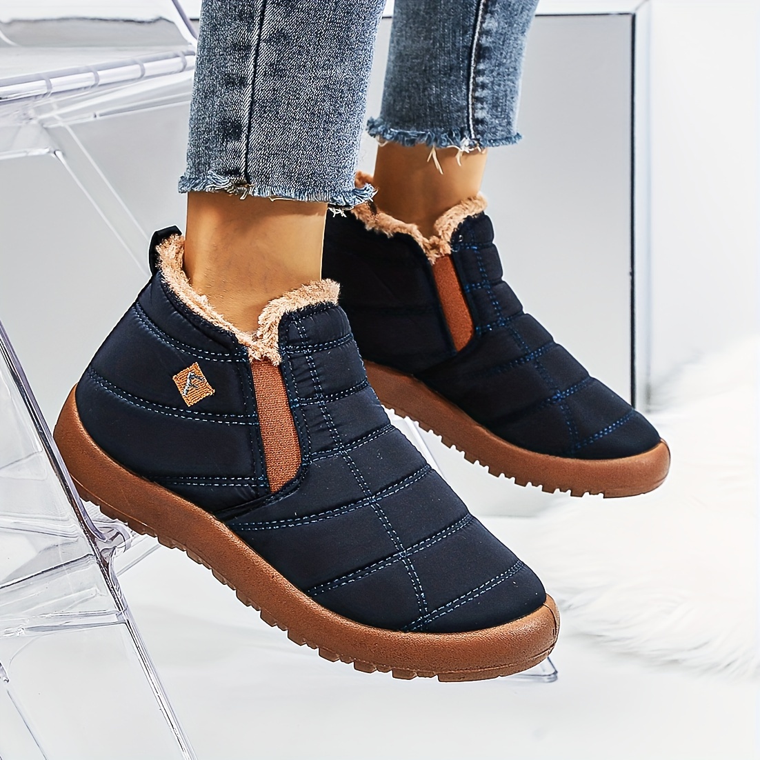 Women's Solid Color Snow Boots Slip Round Toe Velvet Warm - Temu