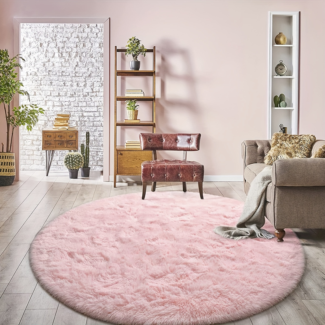 5X5 Ft Light Pink round Rug for Girls Bedroom Fluffy Carpet for Nursery Room