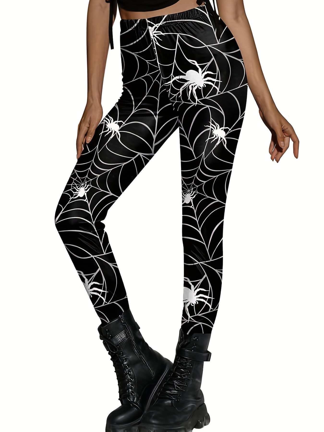 Halloween Spider Web Print Skinny Leggings Casual Elastic - Temu