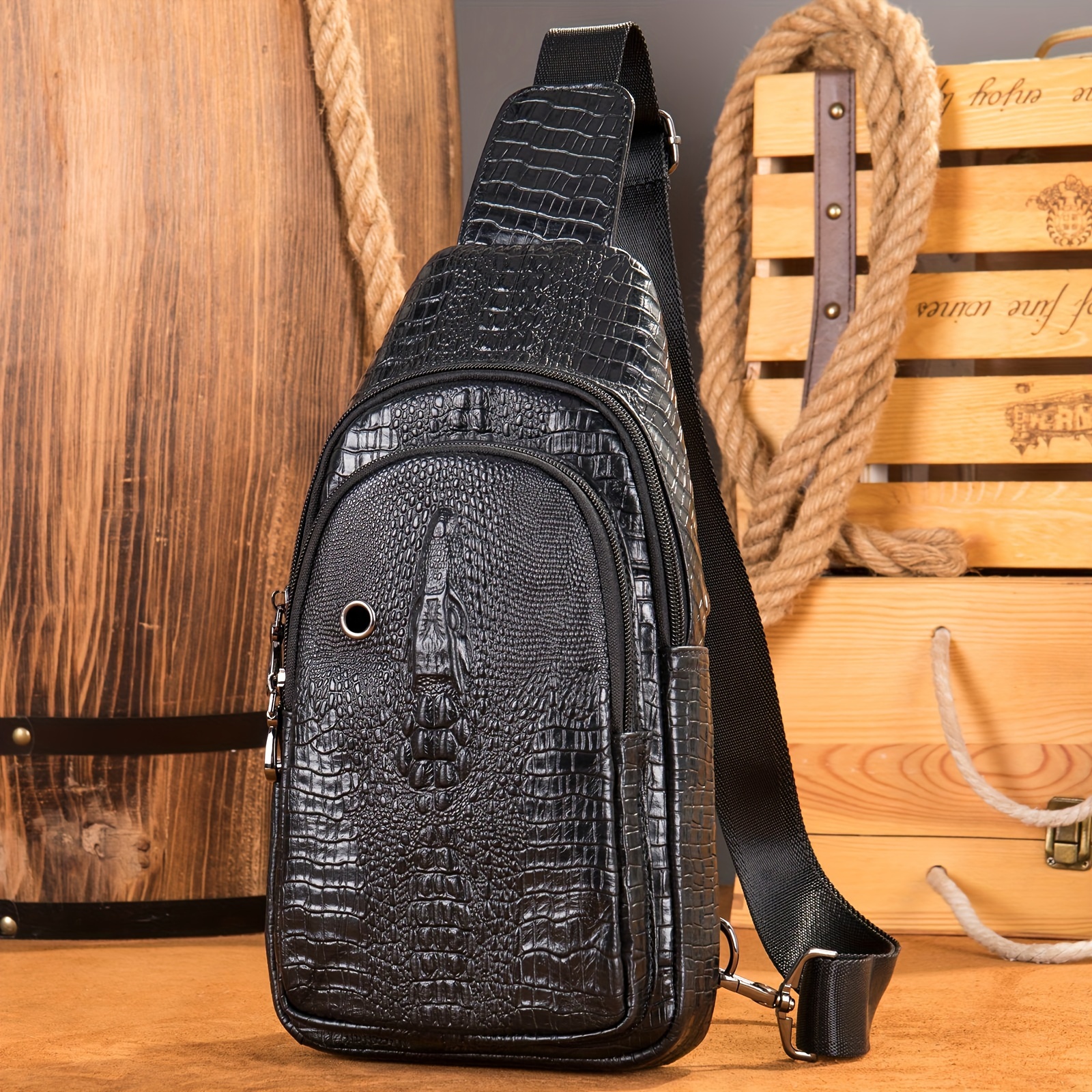 Men's Crocodile Pattern Casual Chest Bag With Earphone Hole Outdoor Leather Shoulder  Bag, Multifunctional Travel Crossbody Bag - Temu