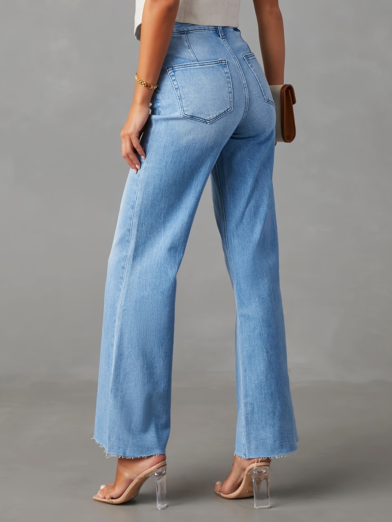 Blue High Waist Washed Baggy Jeans, Loose Fit Raw Cut Casual Wide Legs  Jeans, Women's Denim Jeans & Clothing