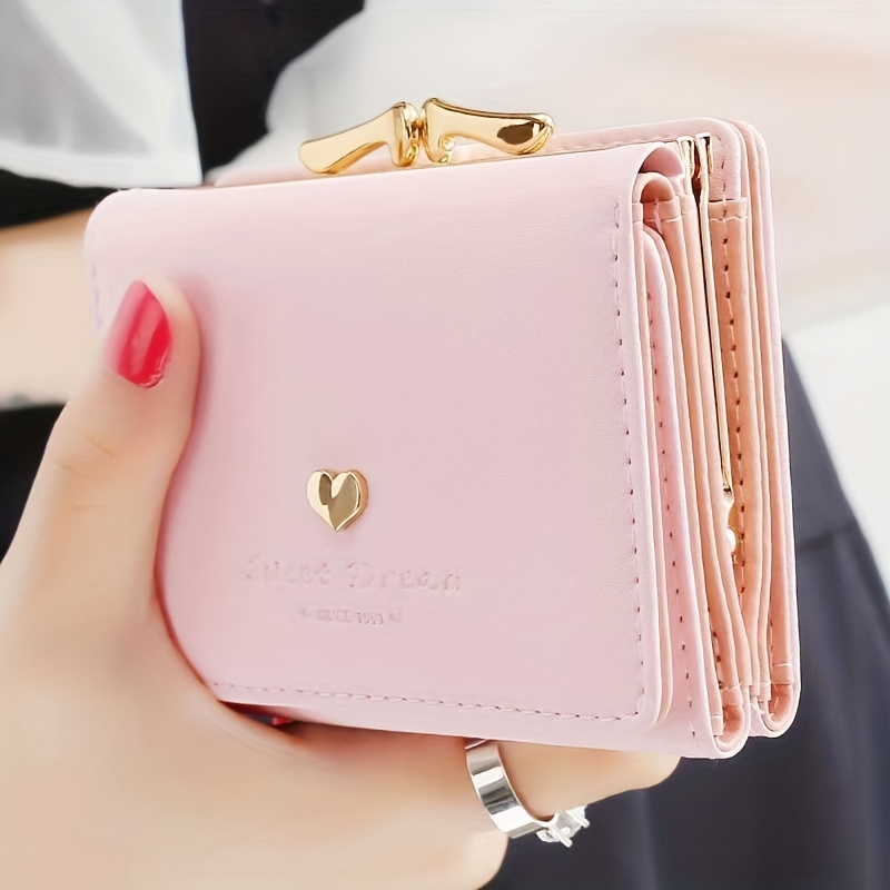 Ladies Wallet Short Cartoon Cute Coin Purse Girls Small Wallet Candy Color  Leather Solid Color Retro Short Wallet Heart-shaped Buckle Clutch