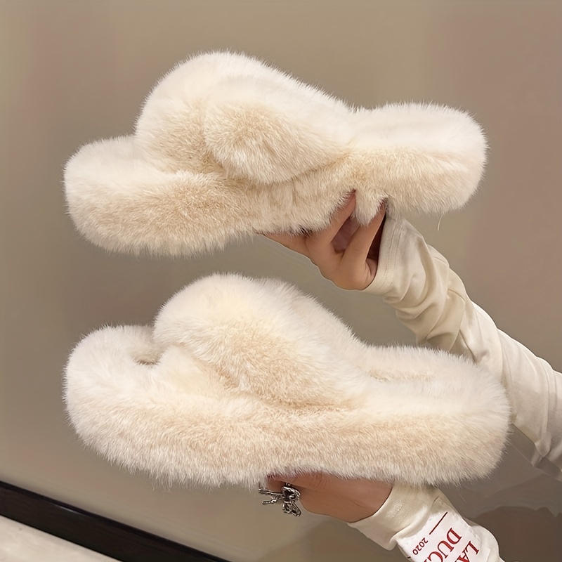 Women's Cross Strap Fuzzy Slippers Warm Comfy Open Toe Plush - Temu Canada