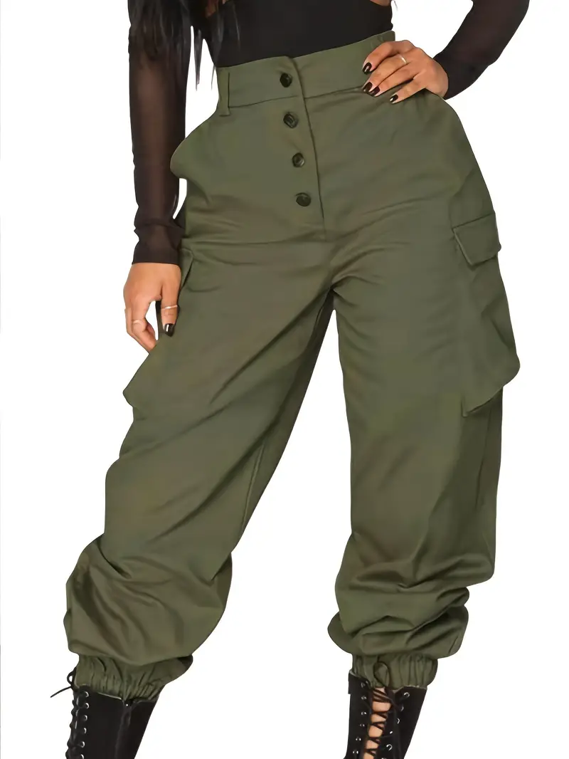 plus size button front baggy cargo pants casual pocket high waist pants womens plus size clothing details 1