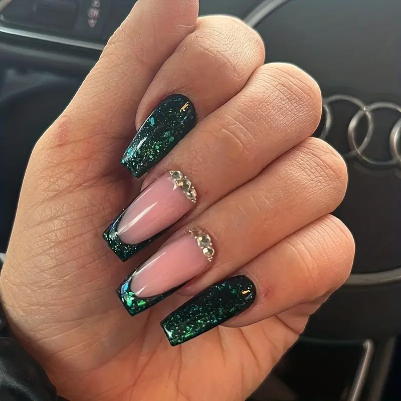 Sparkling Emerald Green Glitter Press On Nails With - Temu