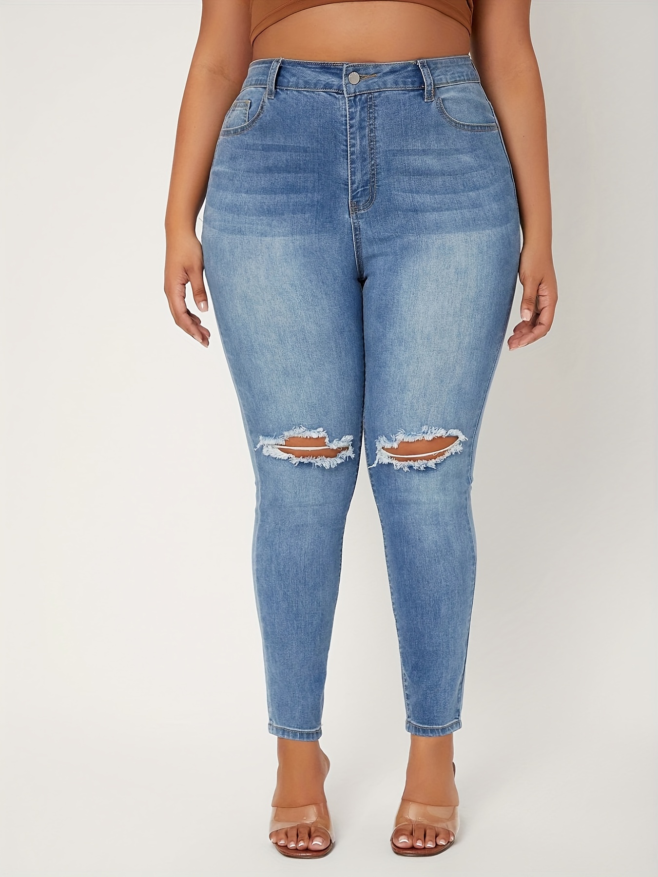Jeans ajustados rasgados de tiro alto de talla * pantalones de mezclilla  ajustados casuales de estiramiento alto para mujer
