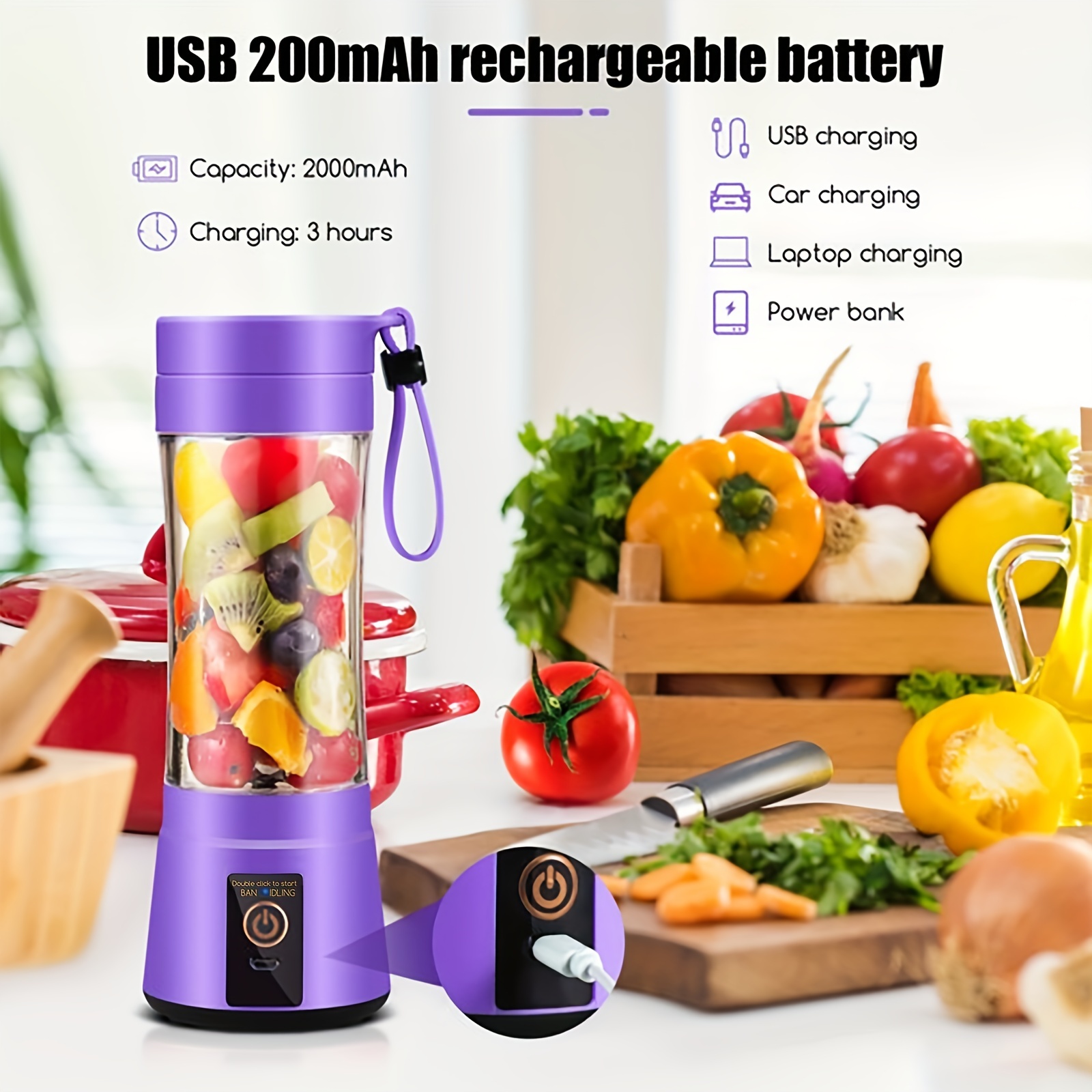 1pc Rechargeable 4000mah Battery Powered Powerful 6-blade Blender