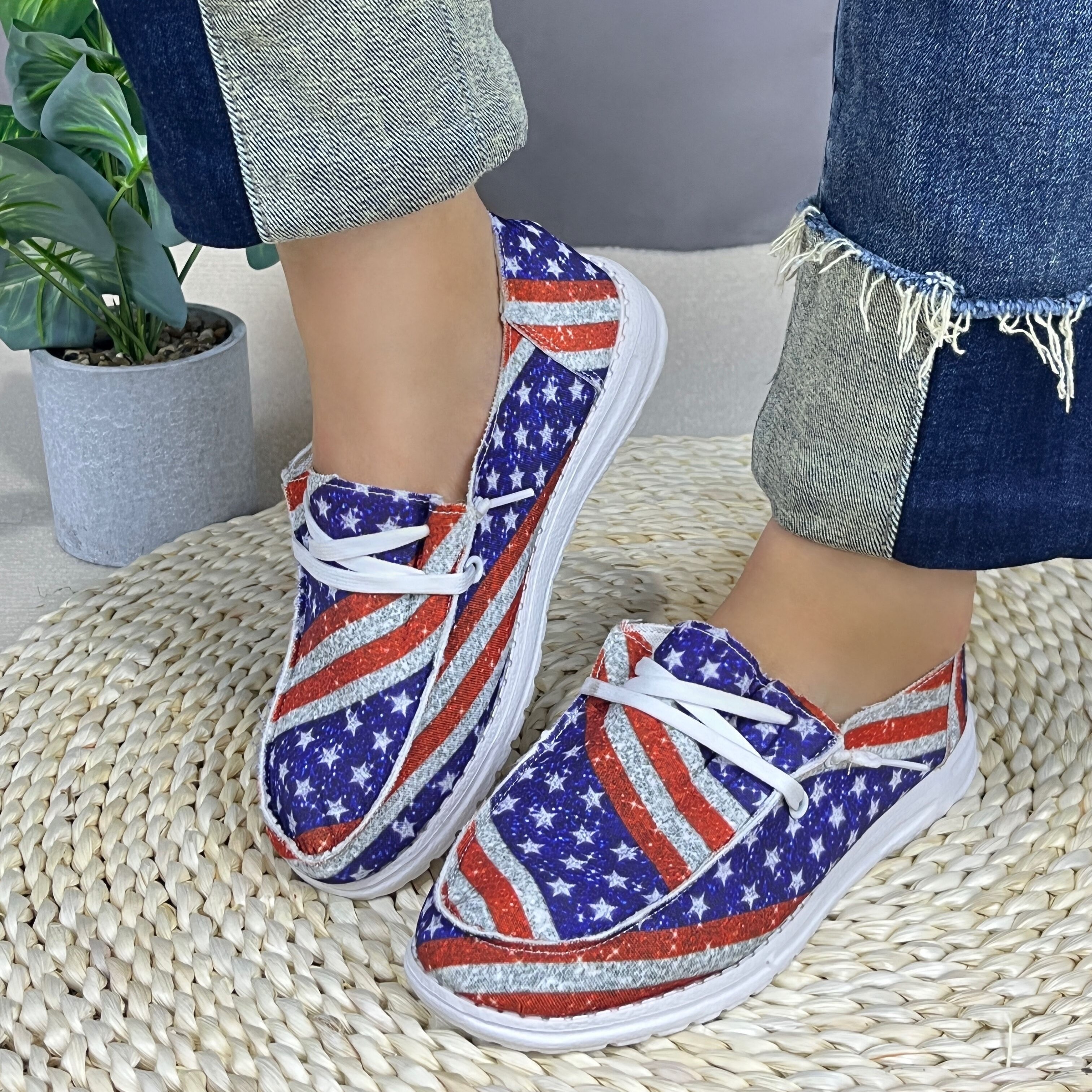  Women's Fashion Independence Day Flag Print Canvas Sneakers,Slip  On Sneakers for Women Canvas Low Top Sneaker Lace-up Sneakers Flats Shoes,Comfort  Lightweight Walking Canvas Loafers Shoes 2023 Black