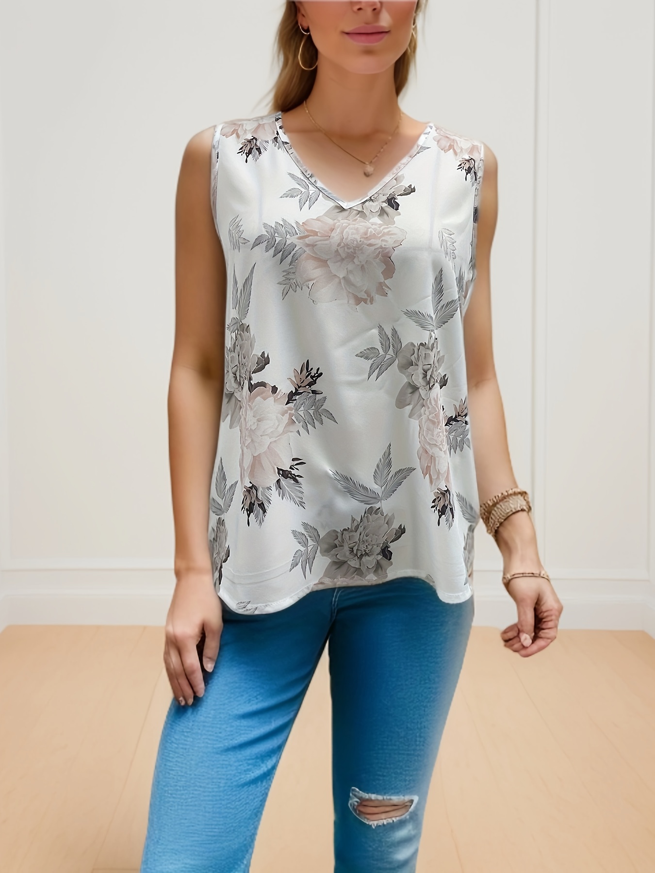 Boho Style Cami Top, Floral Print Crew Neck Cami Top For Spring & Summer,  Women's Clothing