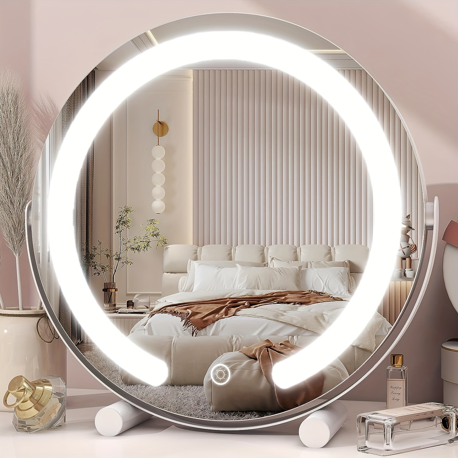  Diamonds Shop Espejo redondo montado en la pared, espejo  inteligente emisor de luz LED, espejo de baño, espejo de tocador, marco de  aleación de aluminio, luz ajustable de tres colores para