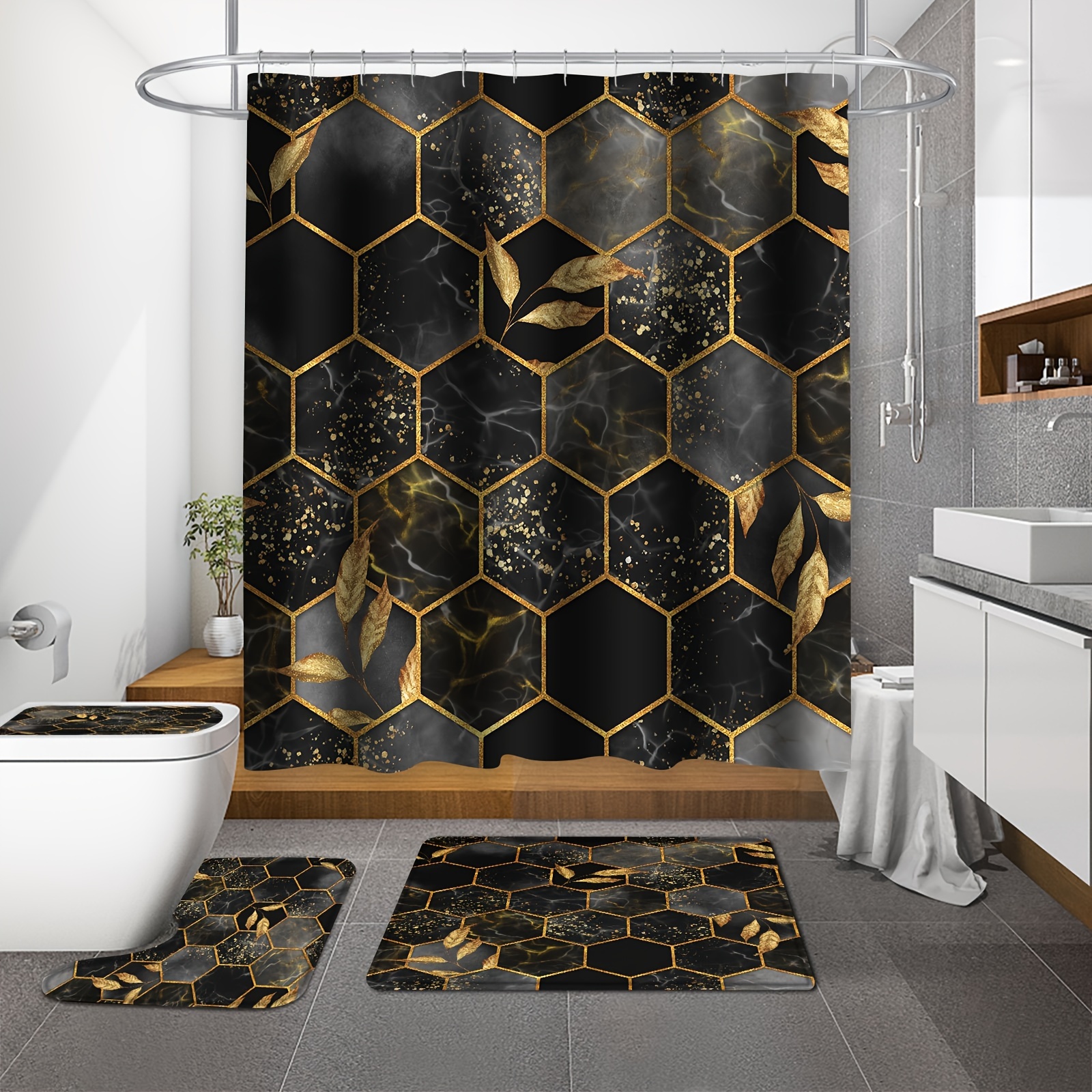 Shower Curtain Black Marble Pattern 12 Hooks Non slip - Temu